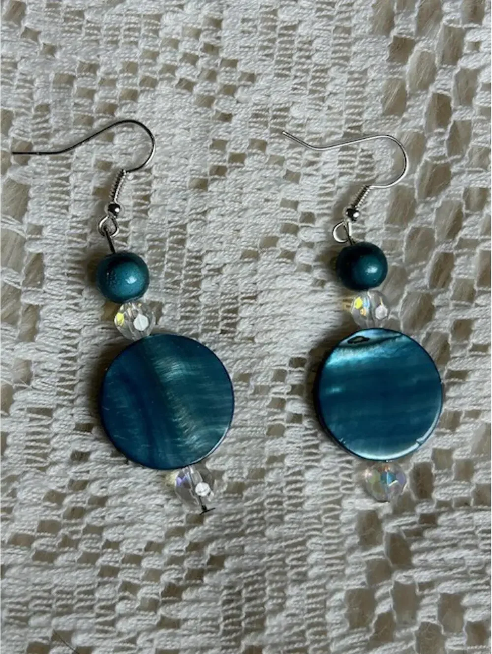 Blue Shell and Crystal Beaded Dangle Earrings